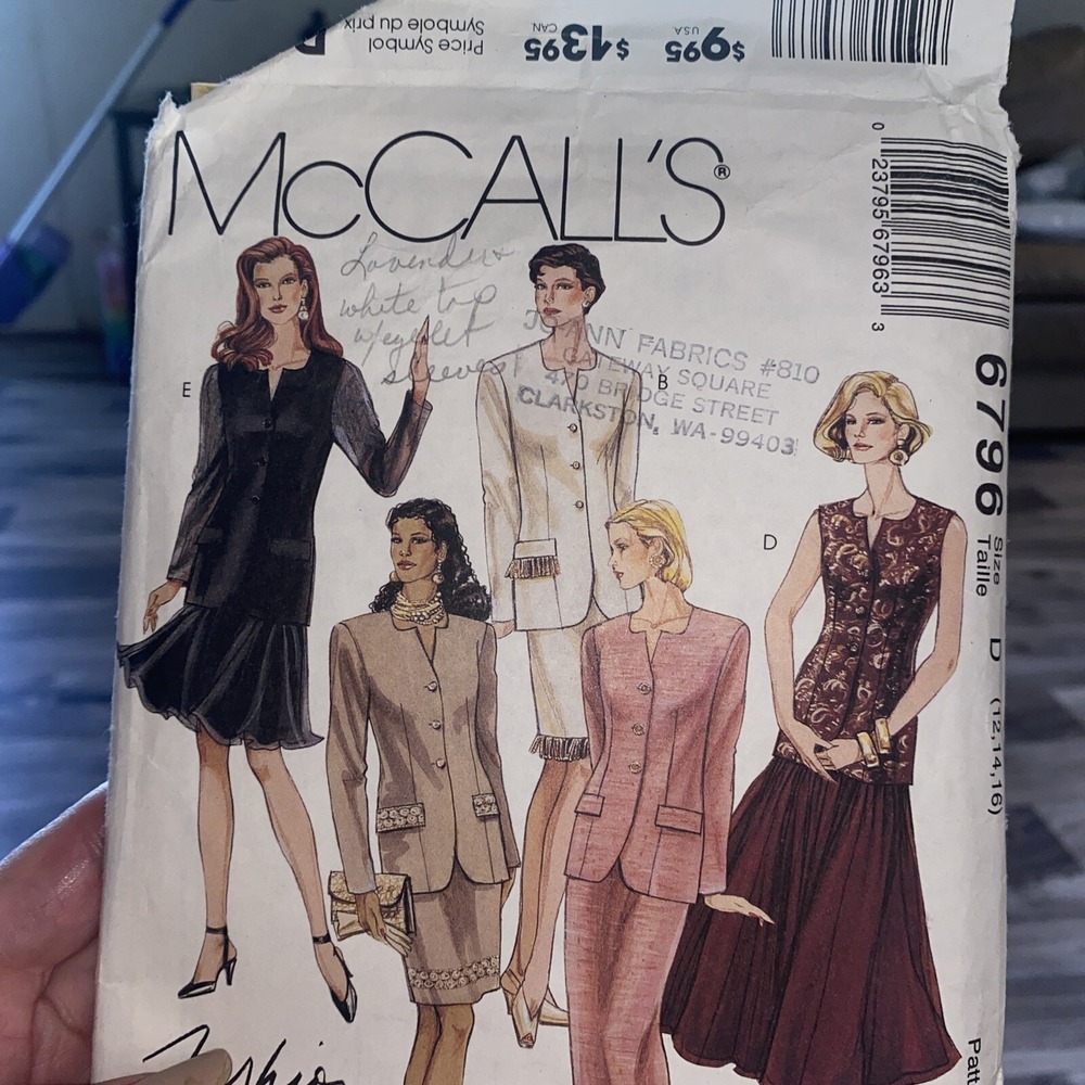 Vintage 90 McCalls 6796 Pattern Jacket Top Skirt Slim &Full Size 12-16 Cut Comp